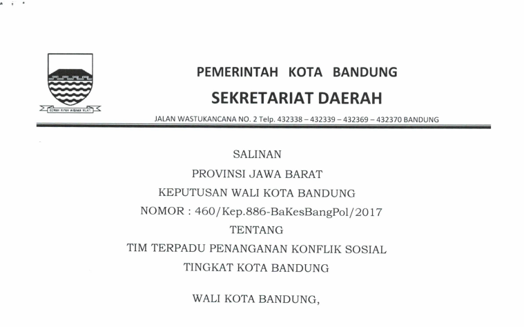 Cover Keputusan Wali Kota Bandung Nomor 466/886-BaKesBangPol/2017 tentang Tim Terpadu Penanganan Konflik Sosial Tingkat Kota Bandung