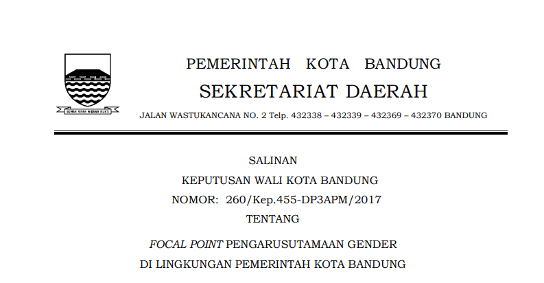 Cover Keputusan Wali Kota Bandung Nomor 260/Kep.455-DP3APM/2017 tentang Focal Point Pengarusutamaan Gender di Lingkungan Pemerintah Kota Bandung