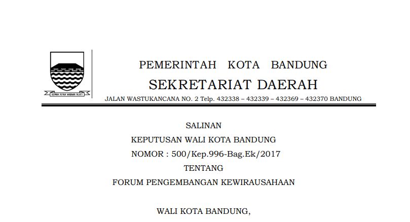 Cover Keputusan Wali Kota Bandung Nomor 500/Kep.996-Bag.Ek/2017 tentang Forum Pengembangan Kewirausahaan