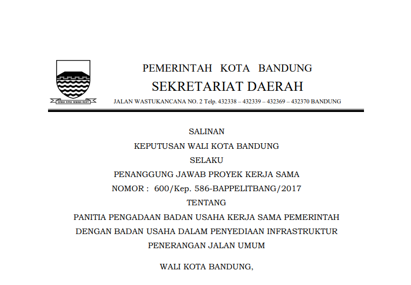 Cover Keputusan Wali Kota Bandung Nomor  600/Kep. 586-BAPPELITBANG/201 tentang Panitia Pengadaan Badan Usaha Kerja Sama Pemerintah dengan Badan Usaha dalam  Penyediaan Infrastruktur Penerangan Jalan Umum