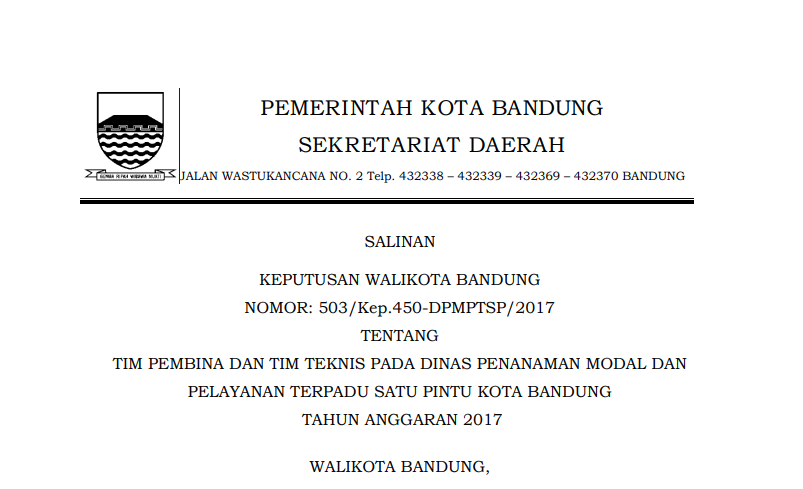 Cover Keputusan Wali Kota Bandung Nomor 503/Kep.450-DPMPTSP/2017 tentang Tim Pembina dan Tim Teknis pada Dinas Penanaman Modal dan Pelayanan Terpadu Satu Pintu Kota Bandung Tahun Anggaran 2017