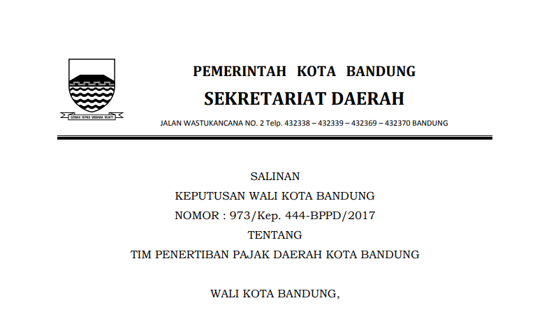 Cover Keputusan Wali Kota Bandung Nomor 973/Kep. 444-BPPD/2017 tentang Tim Penertiban Pajak Daerah Kota Bandung