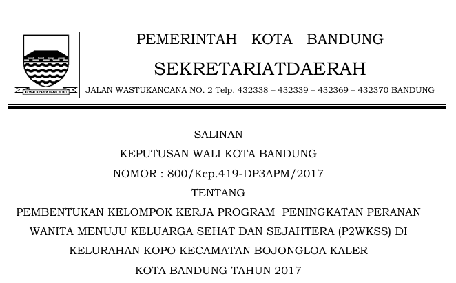 Cover Keputusan Wali Kota Bandung Nomor 800/Kep.419-DP3APM/2017 tentang Pembentukan Kelompok Kerja Program Peningkatan Peranan Wanita Menuju Keluarga Sehat Dan Sejahtera (p2wkss) Di Kelurahan Kopo Kecamatan Bojongloa Kaler Kota Bandung Tahun 2017.