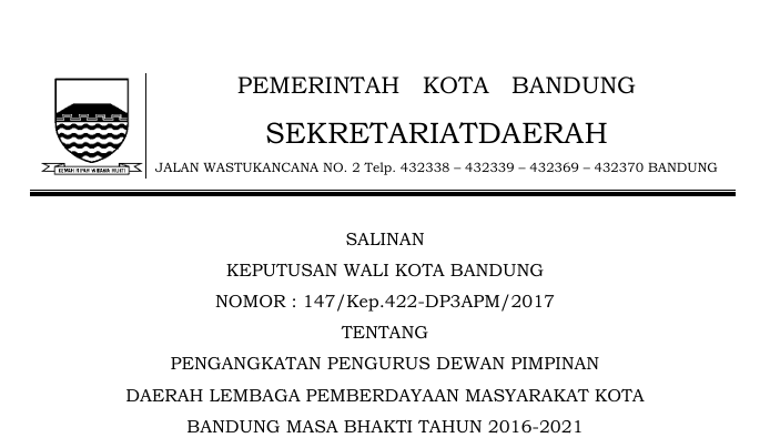 Cover Keputusan Wali Kota Bandung Nomor 147/Kep.422-DP3APM/2017 tentang Pengangkatan Pengurus Dewan Pimpinan Daerah Lembaga Pemberdayaan Masyarakat Kota Bandung Masa Bhakti Tahun 2016-2021