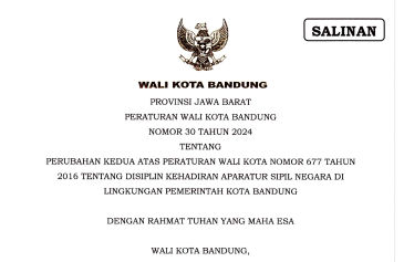 Cover Peraturan Wali Kota Bandung Nomor 30 Tahun 2024 tentang Perubahan Kedua Atas Peraturan Wali Kota Nomor 677 Tahun 2016 tentang Disiplin Kehadiran Aparatur Sipil Negara di Lingkungan Pemerintah Kota Bandung