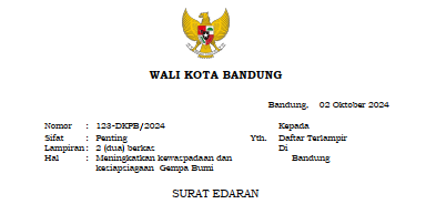 Cover Surat Edaran Wali Kota Nomor 123-DKPB/2024 tentang Meningkatkan Kewaspadaan dan Kesiapsiagaan Gempa Bumi