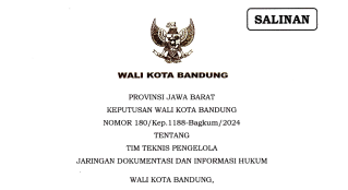 Cover Keputusan Wali Kota Bandung Nomor 180/Kep.1188-Bagkum/2024 tentang Tim Teknis Pengelola Jaringan Dokumentasi dan Informasi Hukum