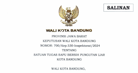 Cover Keputusan Wali Kota Bandung Nomor 700/Kep.530-Inspektorat/2024 tentang Satuan Tugas Sapu Bersih Pungutan Liar Kota Bandung