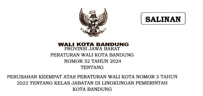 Cover Peraturan Wali Kota Bandung Nomor 32 Tahun 2024 tentang Perubahan Keempat atas Peraturan Wali Kota Bandung Nomor 3 Tahun 2022 tentang Kelas Jabatan di Lingkungan Pemerintah Kota Bandung