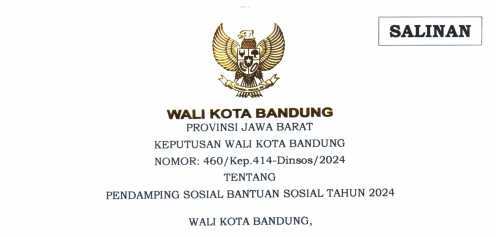 Cover KeputusanWali Kota Bandung Nomor 460/Kep.414-Dinsos/2024 tentang  Pendamping Sosial Bantuan Sosial Tahun 2024