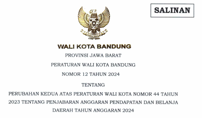 Cover Peraturan Wali Kota Nomor 12 Tahun 2024 tentang Perubahan Kedua Atas Peraturan Wali Kota Nomor 44 Tahun 2023 tentang Penjabaran Anggaran Pendapatan dan Belanja Daerah Tahun Anggaran 2024