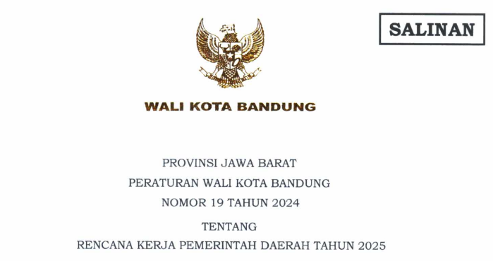 Cover Peraturan Wali Kota Bandung Nomor 19 Tahun 2024 tentang Rencana Kerja Pemerintah Daerah Tahun 2025