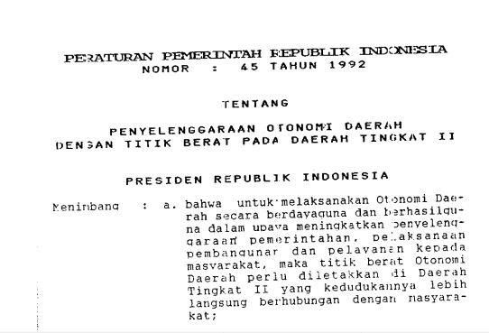Cover Peraturan Pemerintah Republik Indonesia Nomor 45 Tahun 1992 tentang Penyelenggaraan otonomi Daerah Dengan Titik Berat Pada Daerah Tingkat II