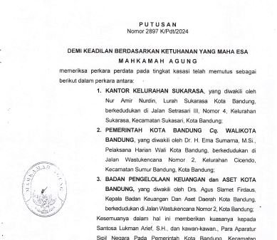 Cover Putusan Nomor 2897 K/Pdt/2024 tentang Perbuatan melawan hukum sehubungan dengan Tanah seluas 481 M2 yang terletak di Jalan Setrasari III, Kelurahan Sukarasa, Kecamatan Sukasari Kota Bandung. (KANTOR KELURAHAN SUKARASA)