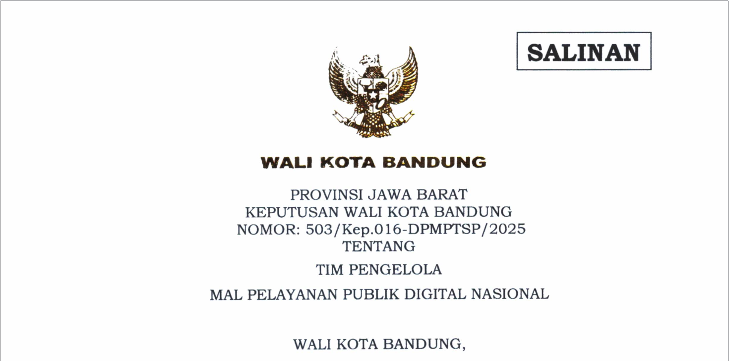 Cover Keputusan Wali Kota Bandung Nomor 503/Kep.016-DPMPTSP/2025 tentang Tim Pengelola Mal Pelayanan Publik  Digital Nasional