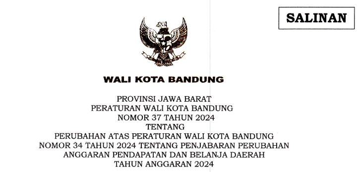 Cover Peraturan Wali Kota Bandung Nomor 37 Tahun 2024 tentang Perubahan Atas Peraturan Wali Kota Bandung Nomor 34 Tahun 2024 tentang Penjabaran Perubahan Anggaran Pendapatan dan Belanja Daerah Tahun Anggaran 2024