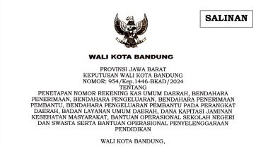 Cover Keputusan Wali Kota Bandung Nomor 954/Kep.001-BKAD/2024 tentang Penetapan Pengguna Anggaran, Kuasa Pengguna Anggaran, Bendahara Pengeluaran, Bendahara Penerimaan Pembantu, Bendahara Pengeluaran Pembantu Di Lingkungan Pemerintah Daerah Kota Bandung