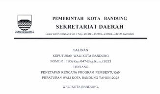 Cover Keputusan Wali Kota Bandung Nomor 180/Kep.047-Bag.Kum/2023 tentang Penetapan Rencana Program Pembentukan Peraturan Wali Kota Bandung Tahun 2023