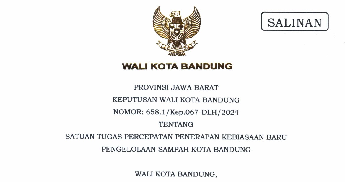 Cover Keputusan Wali Kota Bandung Nomor 658.1/Kep.067-DLH/2024 tentang Satuan Tugas Percepatan Penerapan Kebiasaan Baru Pengelolaan Sampah Kota Bandung