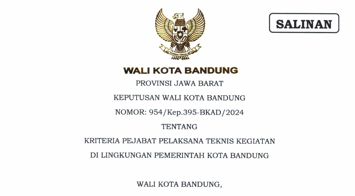 Cover Keputusan Wali Kota Bandung Nomor 954/Kep.395-BKAD/2024 tentang Kriteria Pejabat Pelaksana Teknis Kegiatan Di Lingkungan Pemerintah Kota Bandung