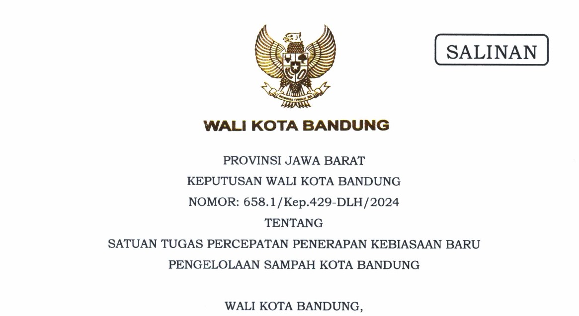 Cover Keputusan Wali Kota Bandung Nomor 658.1/Kep.429-DLH/2024 tentang Satuan Tugas Percepatan Penerapan Kebiasaan Baru Pengelolaan Sampah Kota Bandung