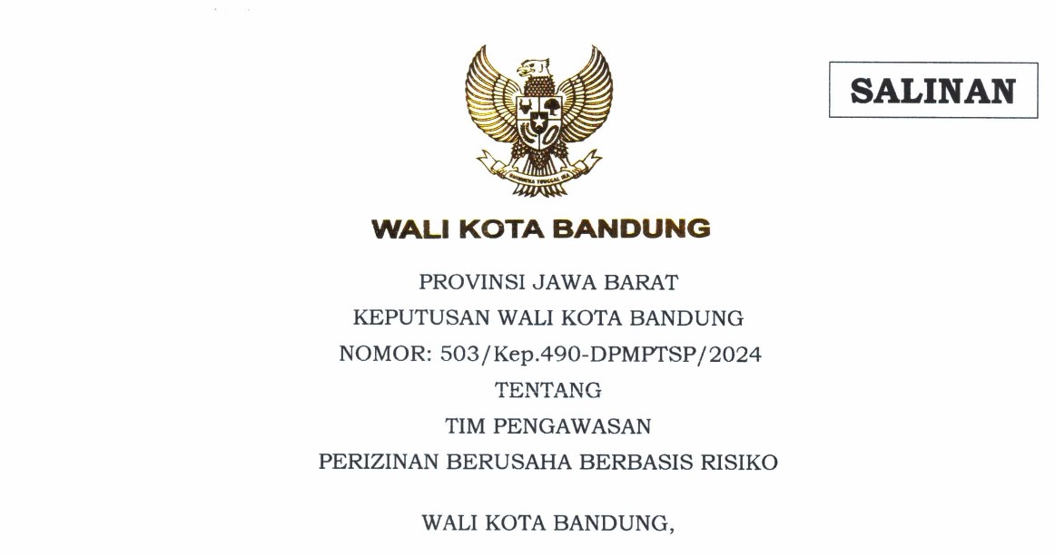 Cover Keputusan Wali Kota Bandung Nomor: 503/Kep.490-DPMPTSP/2024 tentang Tim Pengawasan Perizinan Berusaha Berbasis Resiko