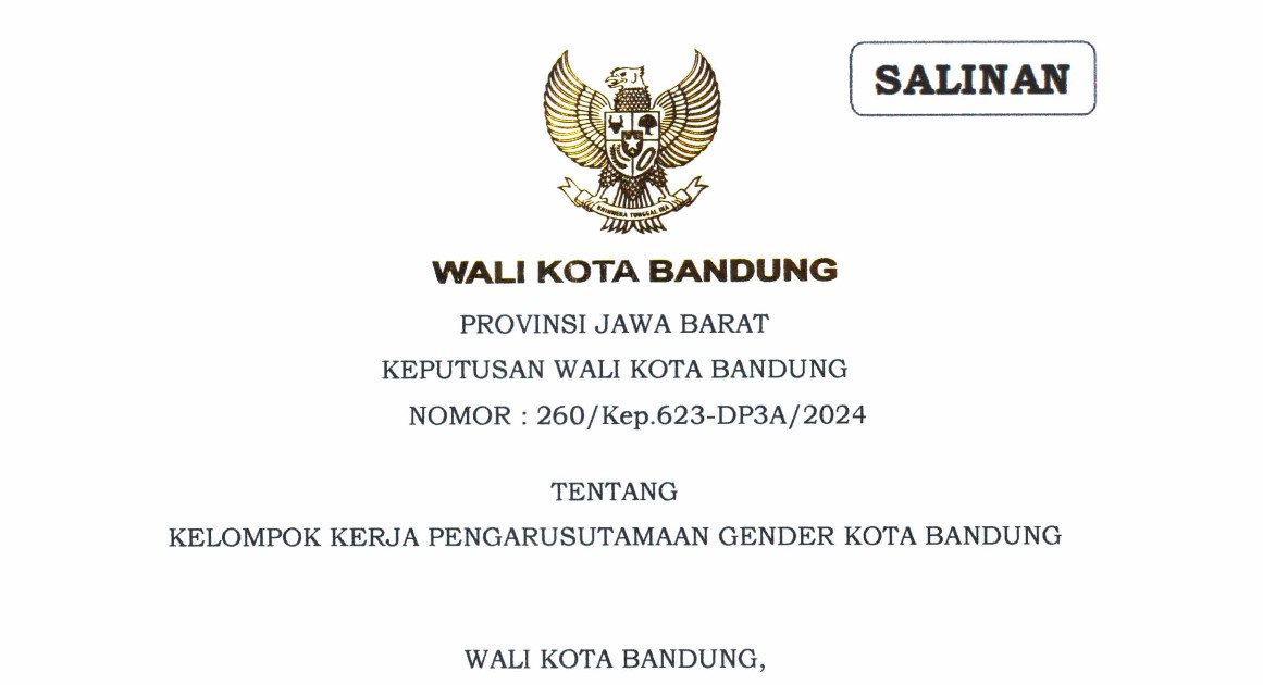 Cover Keputusan Wali Kota Bandung Nomor 260/Kep.623-DP3A/2024 tentang Kelompok Kerja Pengarusutamaan Gender Kota Bandung