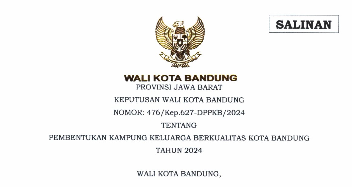 Cover Keputusan Wali Kota Bandung Nomor 476/Kep.627-DPPKB/2024 tentang Pembentukan Kampung Keluarga Berkualitas Kota Bandung Tahun 2024