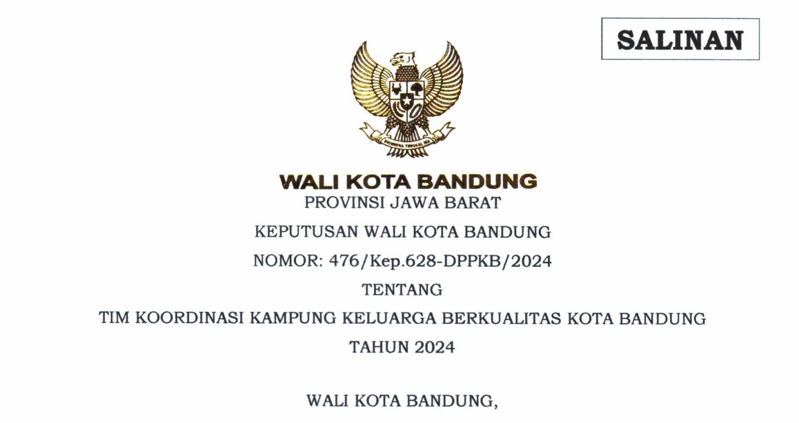 Cover Keputusan Wali Kota Bandung Nomor 476/Kep.628-DPPKB/2024 tentang Tim Koordinasi Kampung Keluarga Berkualitas Kota Bandung Tahun 2024