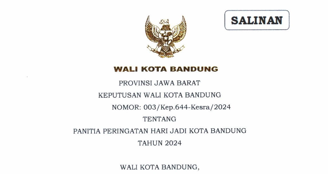 Cover Keputusan Wali Kota Bandung Nomor 003/Kep.644-Kesra/2024 tentang Panitia Peringatan Hari Jadi Kota Bandung Tahun 2024