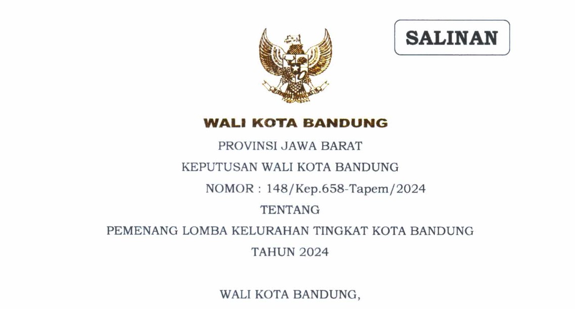 Cover Keputusan Wali Kota Bandung Nomor 148/Kep.658-Tapem/2024 tentang Pemenang Lomba Kelurahan Tingkat Kota Bandung Tahun 2024