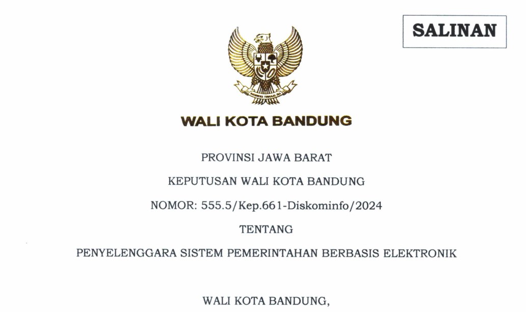 Cover Keputusan Wali Kota Bandung Nomor 555.5/Kep.661-Diskominfo/2024 tentang Penyelenggara Sistem Pemerintahan Berbasis Elektronik