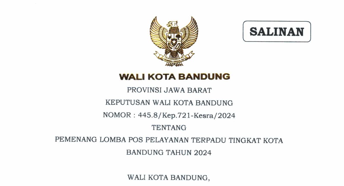 Cover Keputusan Wali Kota Bandung Nomor 445.8/Kep.721-Kesra/2024 tentang Pemenang Lomba Pos Pelayanan Terpadu Tingkat Kota Bandung Tahun 2024