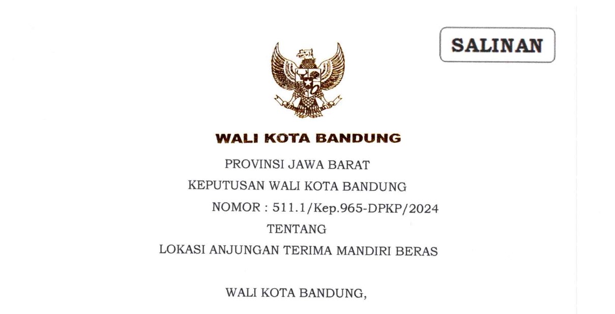 Cover Keputusan Wali Kota Bandung Nomor 511.1/Kep.965-DPKP/2025 tentang Lokasi Anjungan Terima Mandiri Beras