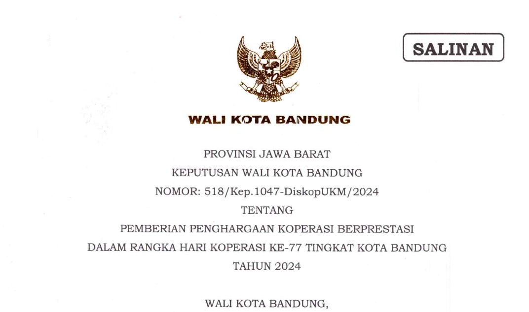 Cover Keputusan Wali Kota Bandung Nomor 518/Kep.1047-DiskopUKM/2024 tentang Pemberian Penghargaan Koperasi Berprestasi Dalam Rangka Hari Koperasi Ke-77 Tingkat Kota Bandung Tahun 2024