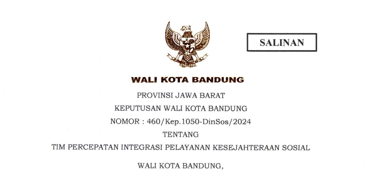 Cover Keputusan Wali Kota Bandung Nomor 460/Kep.1050-Dinsos/2024 tentang Tim Percepatan Integrasi Pelayanan Kesejahteraan Sosial
