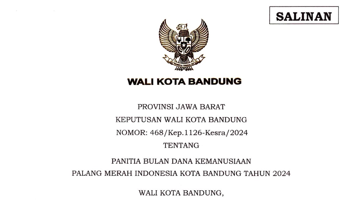 Cover Keputusan Wali Kota Bandung Nomor 468/Kep.1126-Kesra/2024 tentang Panitia Bulan Dana Kemanusiaan Palang Merah Indonesia Kota Bandung Tahun 2024