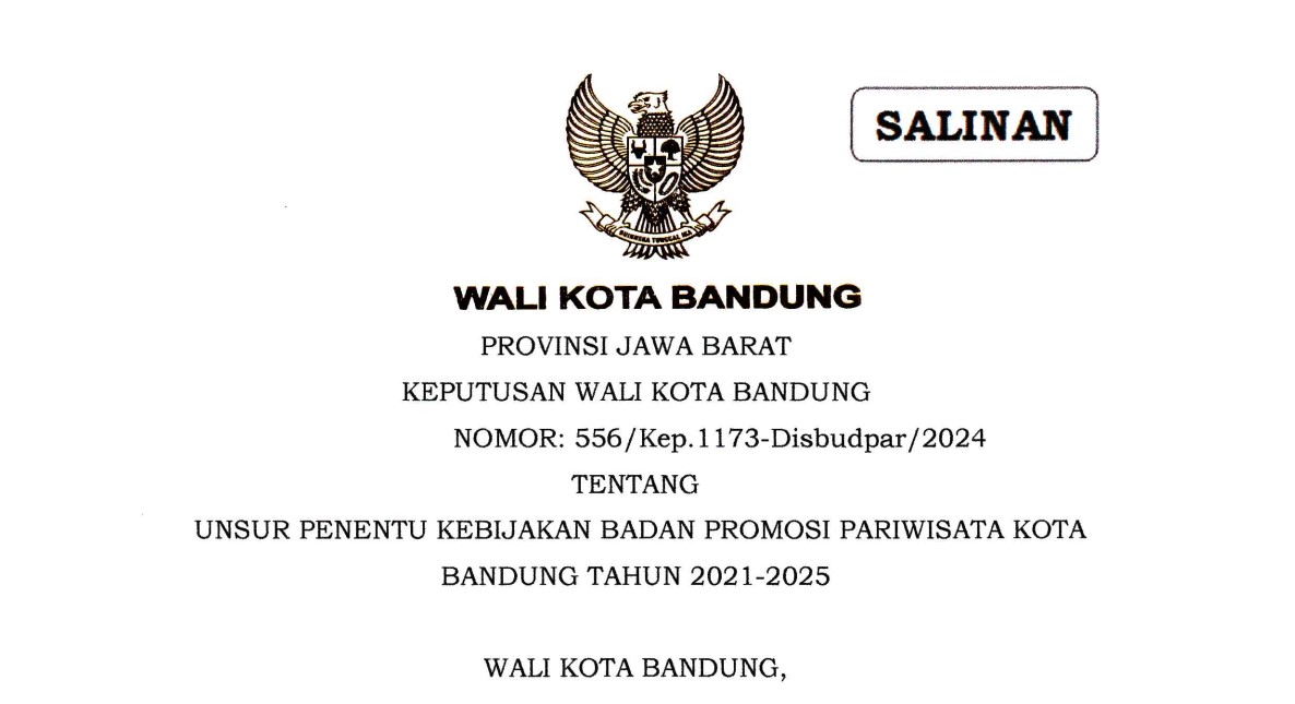 Cover Keputusan Wali Kota Bandung Nomor 556/Kep.1173-Disbudpar/2024 tentang Unsur Penentu Kebijakan Badan Promosi Pariwisata Kota Bandung Tahun 2021-2025