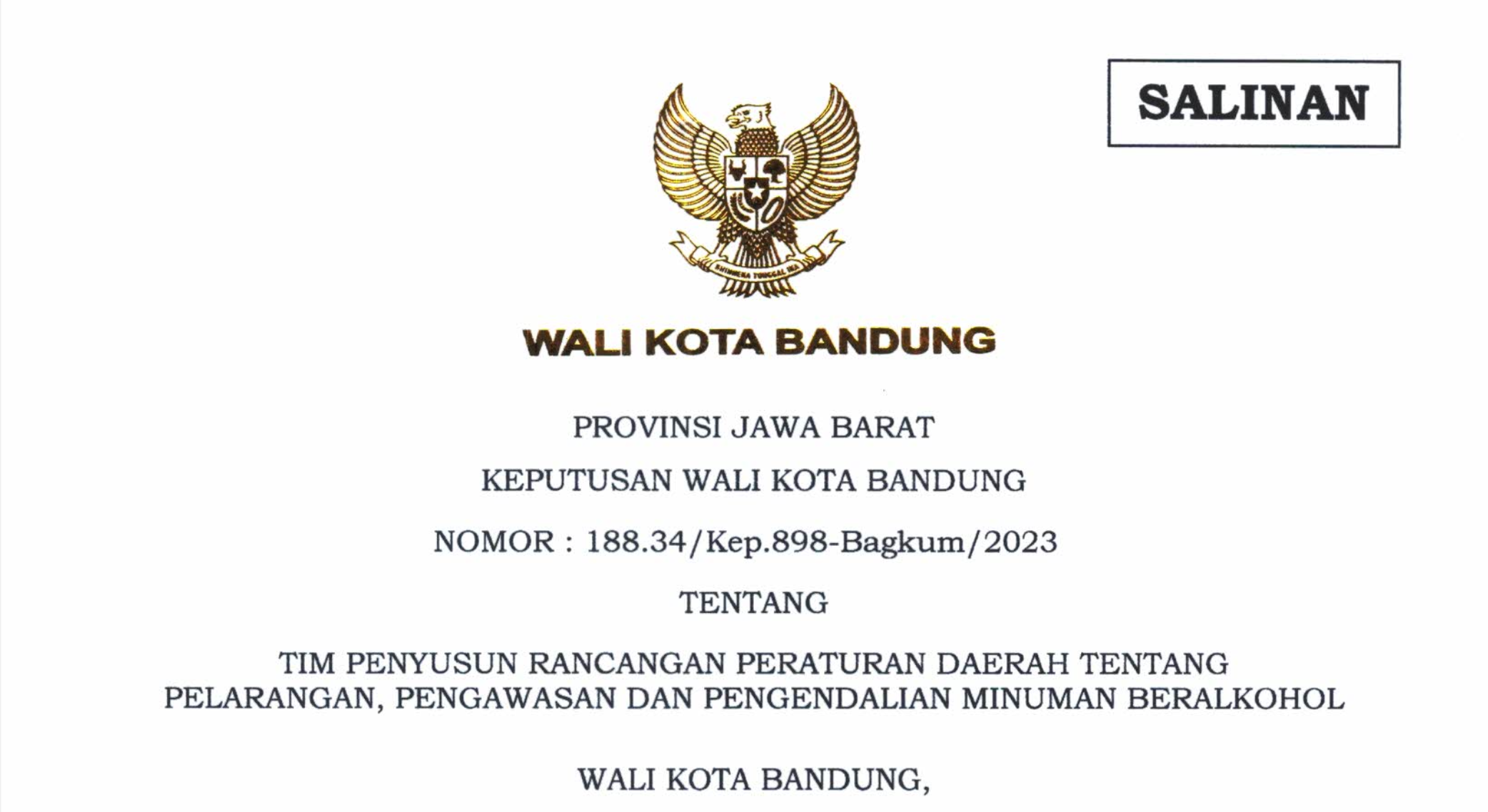 Cover Keputusan Wali Kota Bandung Nomor 188.34/Kep.898-Bagkum/2023 Tentang Tim Penyusun Rancangan Peraturan Daerah Tentang Pelarangan, Pengawasan dan Pengendalian Minuman Beralkohol