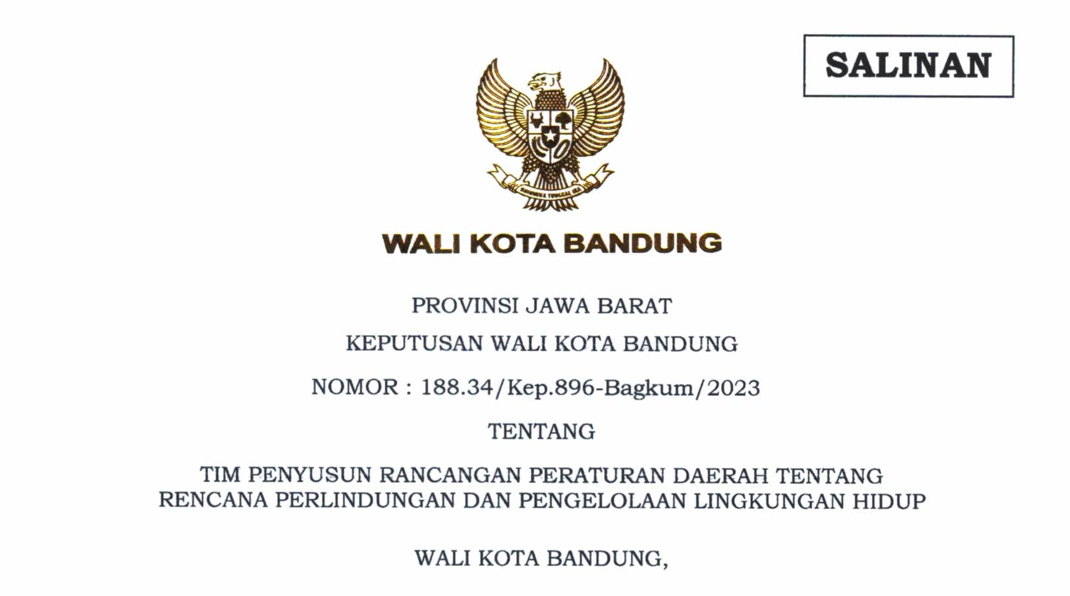 Cover Keputusan Wali Kota Bandung Nomor 188.34/Kep.896-Bangkum/2023 Tentang Tim Penyusun Rancangan Peraturan Daerah Tentang Rencana Perlindungan dan Pengelolaan Lingkungan Hidup