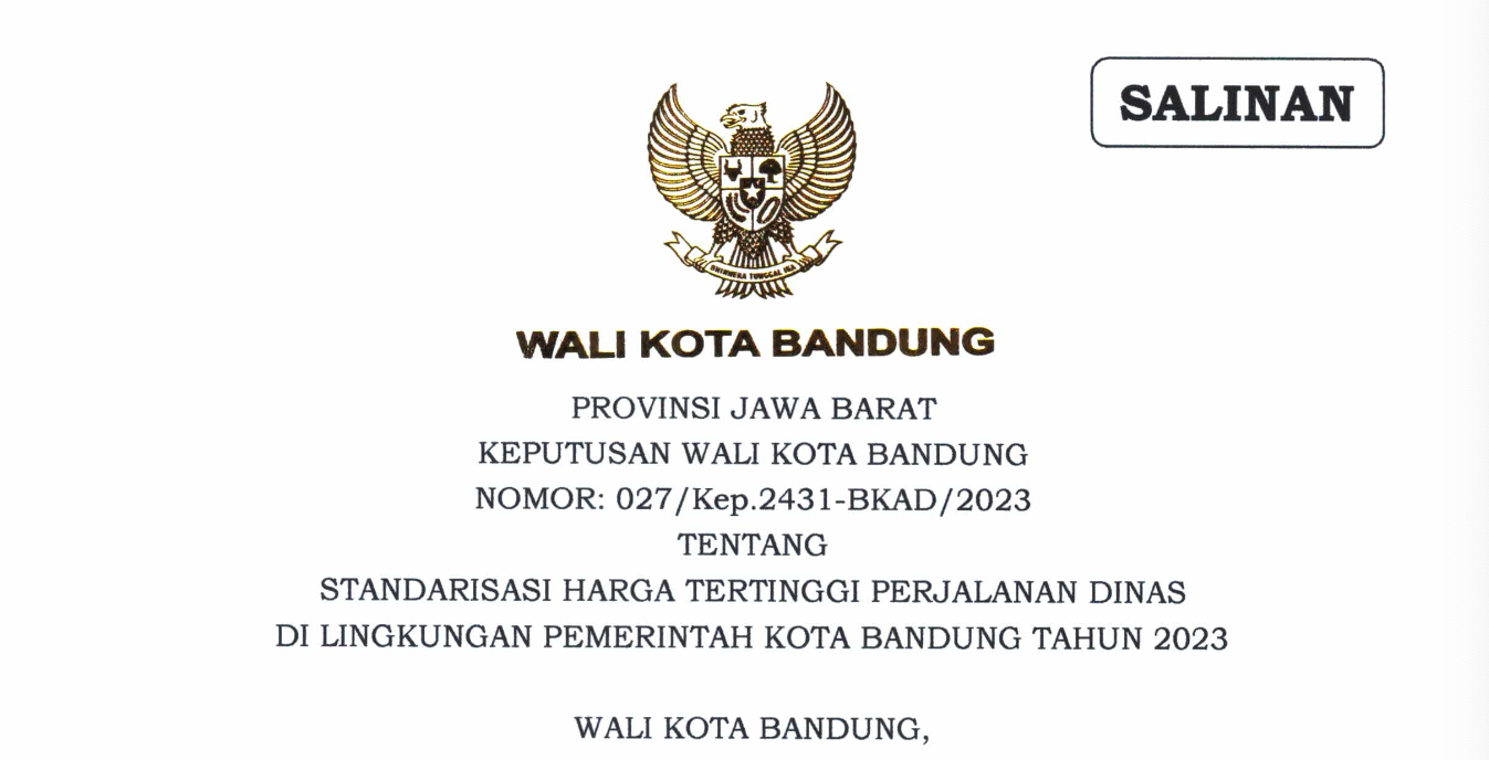 Cover Keputusan Wali Kota Bandung Nomor 027/Kep.2431-BKAD/2023 Tentang Standarisasi Harga Tertinggi Perjalanan Dinas di Lingkungan Pemerintah Kota Bandung Tahun 2023