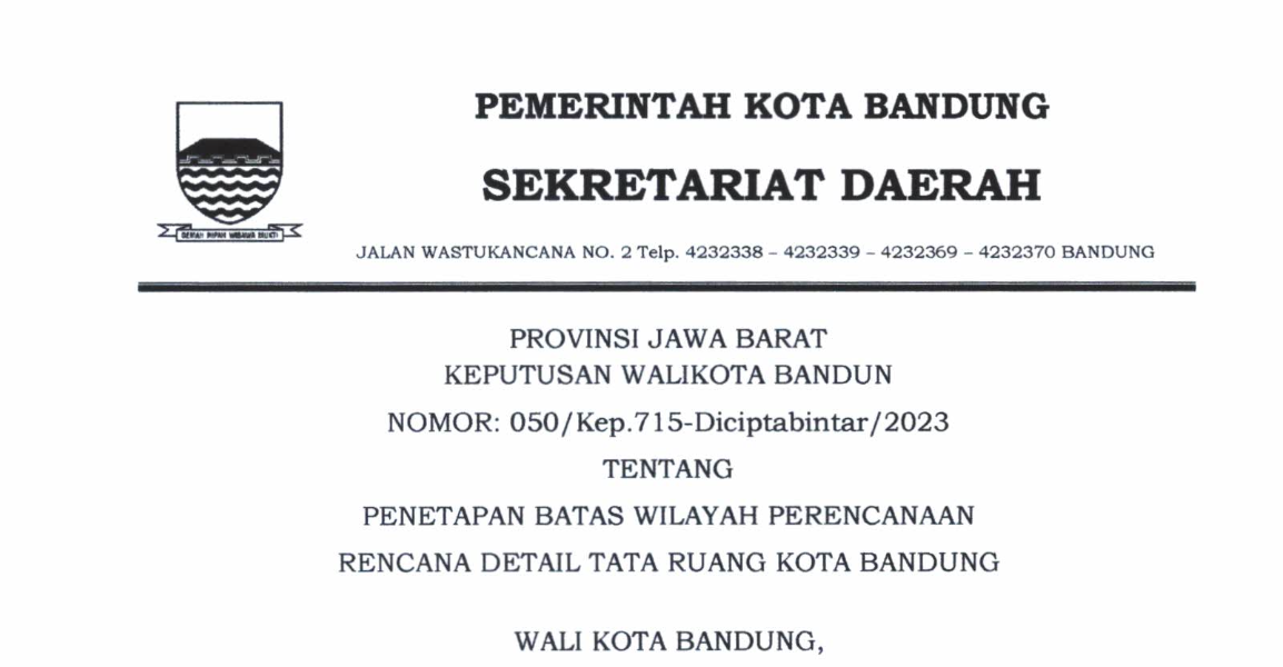 Cover Keputusan Wali Kota Bandung Nomor 050/Kep.715-Diciptabintar/2023 Tentang Penetapan Batas Wilayah Perencanaan Rencana Detail Tata Ruang Kota Bandung