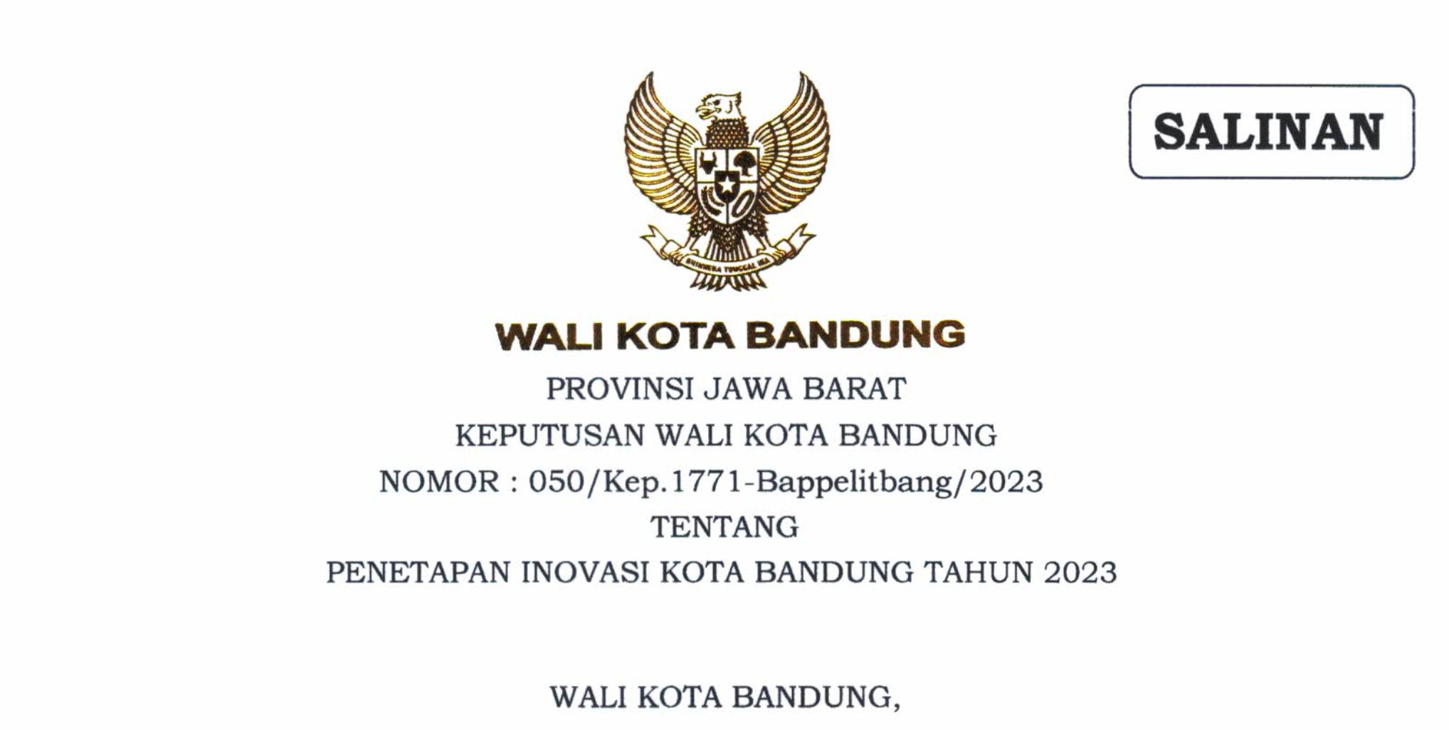 Cover Keputusan Wali Kota Bandung Nomor 050/Kep.1771-Bappelitbang/2023 Tentang Penetapan Inovasi Kota Bandung Tahun 2023