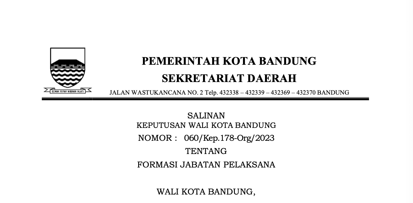 Cover Salinan Keputusan Wali Kota Bandung Nomor 060/Kep.178-Org/2023 Tentang Formasi Jabatan Pelaksana