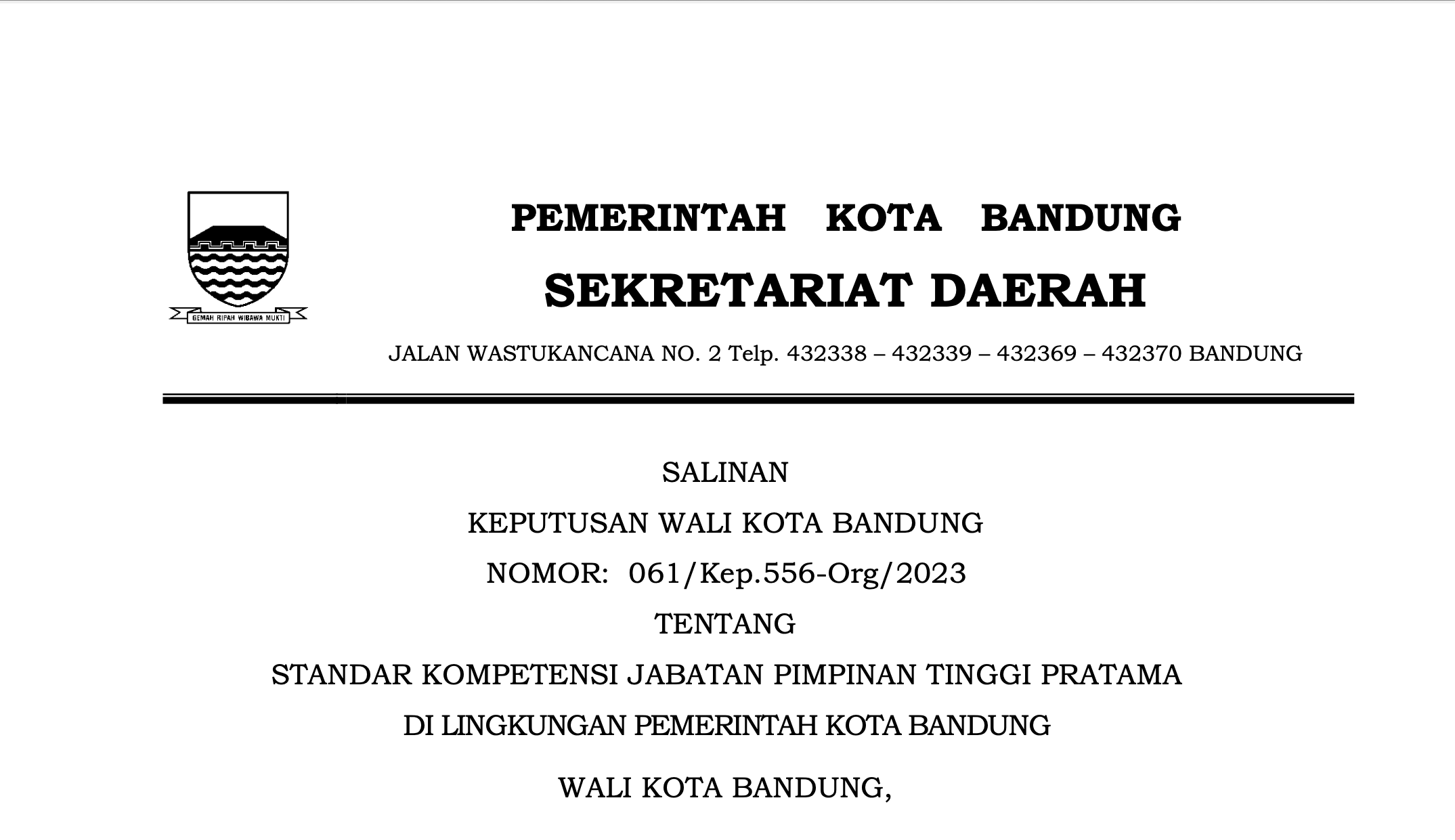 Cover Salinan Keputusan Wali Kota Bandung Nomor 061/Kep.556-Org/2023 Tentang Standar Kompetensi Jabatan Pimpinan Tinggi Pratama di Lingkungan Pemerintah Kota Bandung