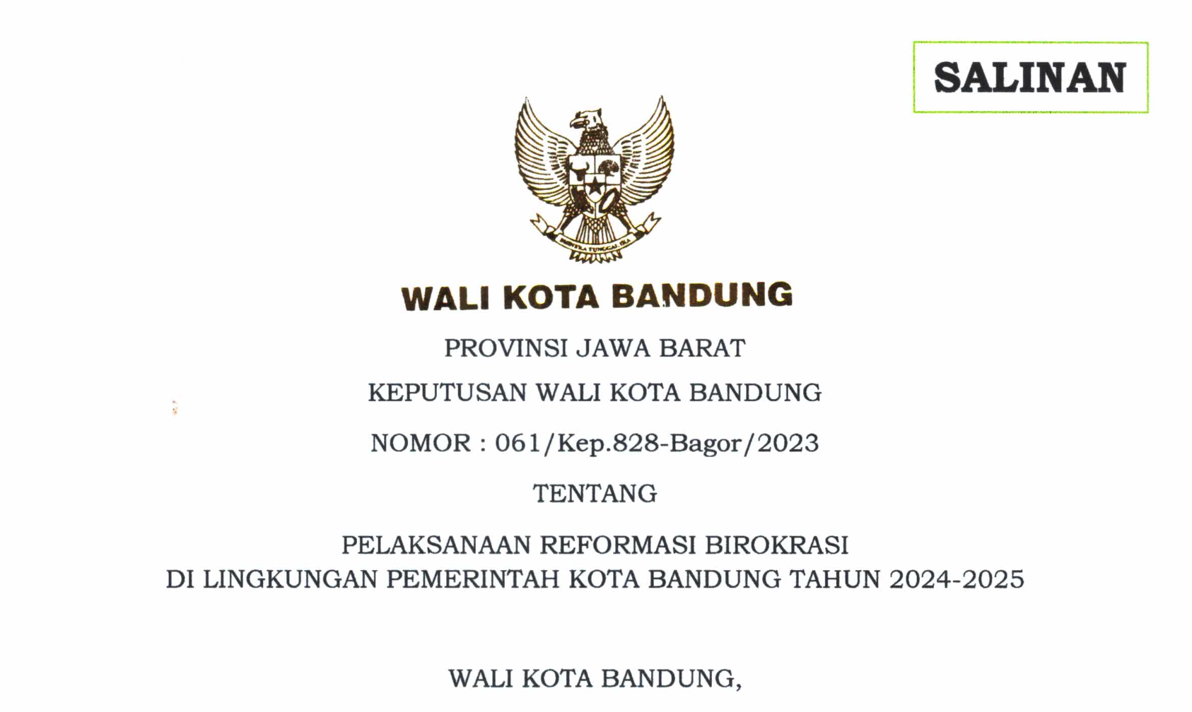 Cover Keputusan Wali Kota Bandung Nomor 061/Kep.828-Bagor/2023 Tentang Pelaksanaan Reformasi Birokrasi di Lingkungan Pemerintah Kota Bandung Tahun 2024-2025