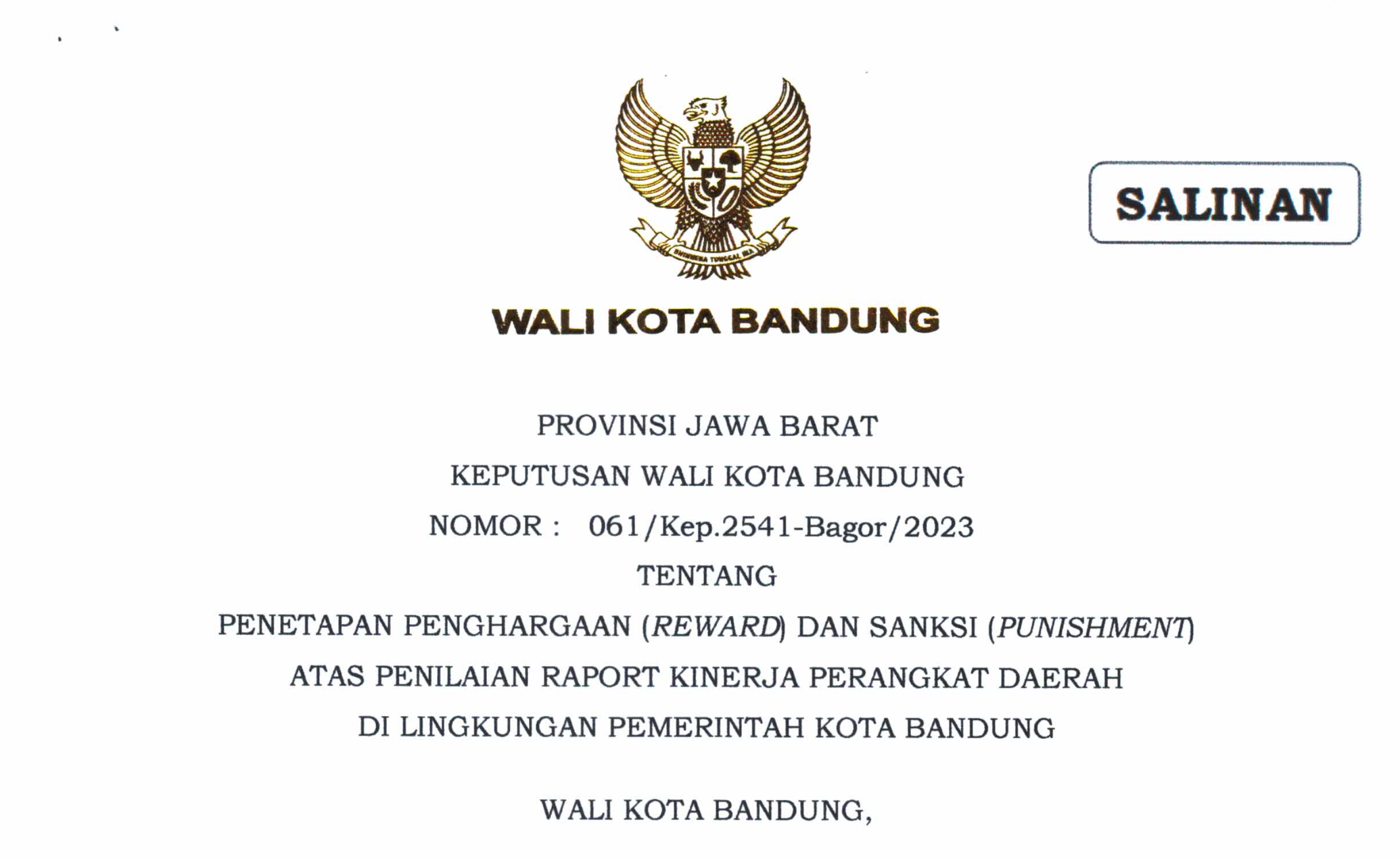 Cover Keputusan Wali Kota Bandung Nomor 061/Kep.2541-Bagor/2023 tentang Penetapan penghargaan (Reward) dan Sanksi (Punishment) Atas Penilaian Raport Kinerja Perangkat Daerah di Lingkungan Pemerintah Kota Bandung