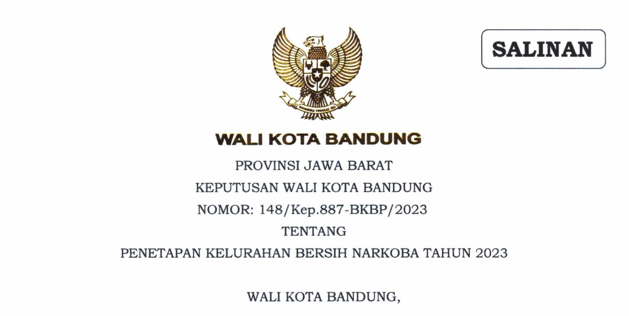 Cover Keputusan Wali Kota Bandung Nomor 148/Kep.887-BKBP/2023 Tentang Penetapan Kelurahan Bersih Narkoba Tahun 2023