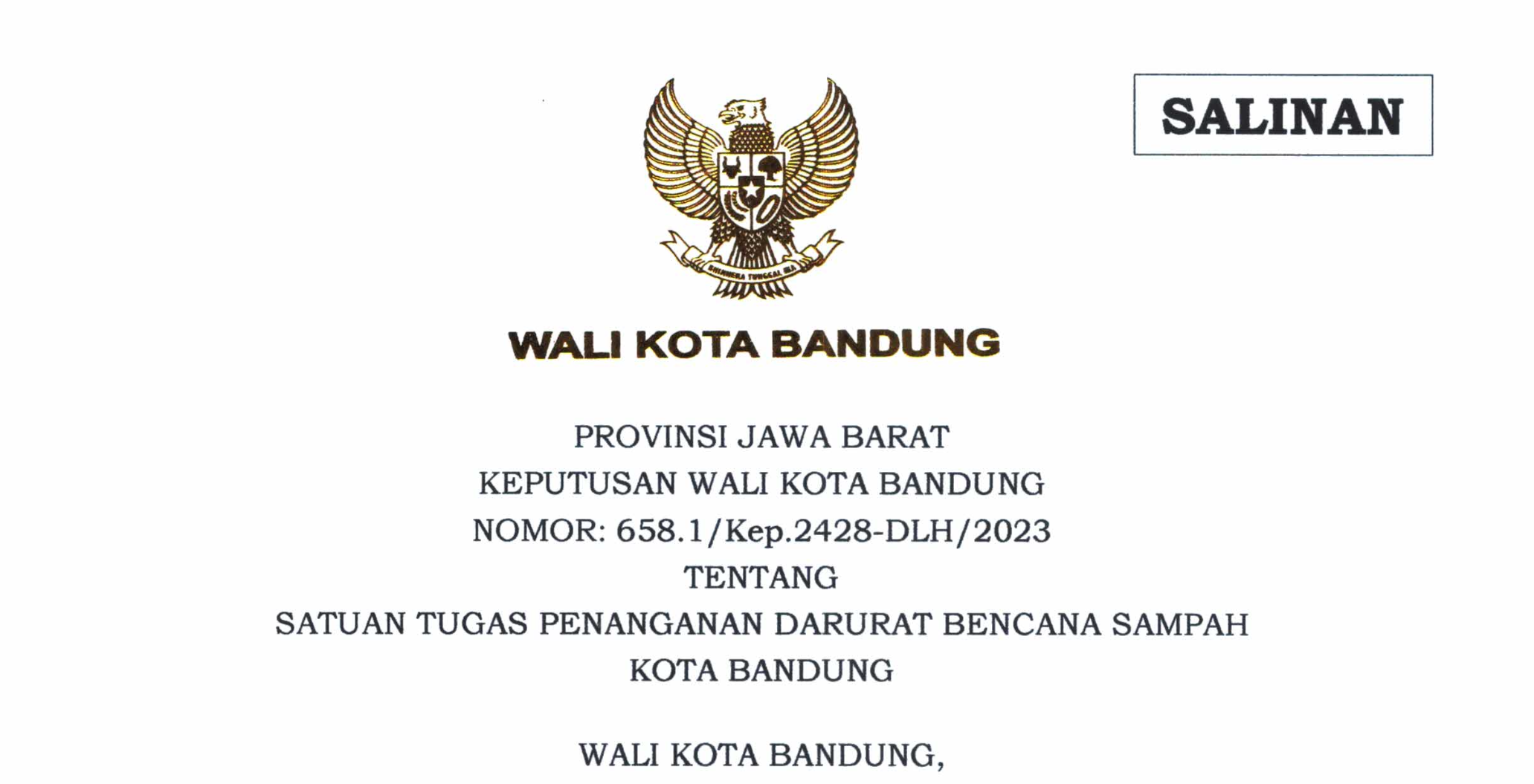 Cover Keputusan Wali Kota Bandung Nomor 658.1/Kep.2428-DLH/2023 Tentang Satuan Tugas Penanganan Darurat Bencana Sampah Kota Bandung