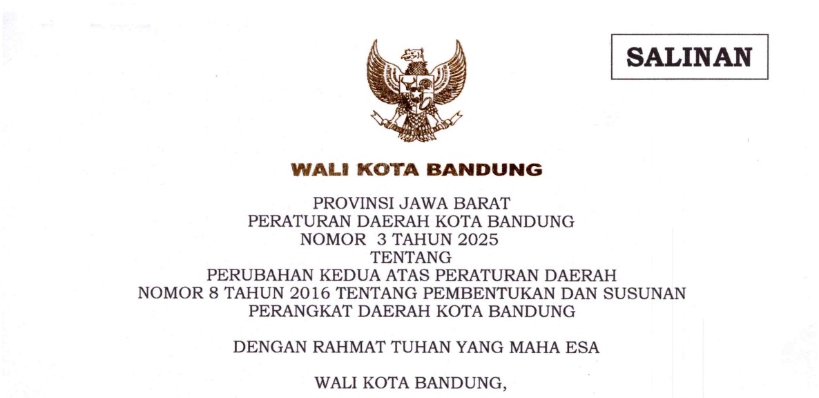 Cover Peraturan Daerah Kota Bandung Nomor 3 Tahun 2025 tentang Perubahan Kedua Atas Peraturan Daerah Nomor 8 Tahun 2016 Tentang Pembentukan Dan Susunan Perangkat Daerah Kota Bandung